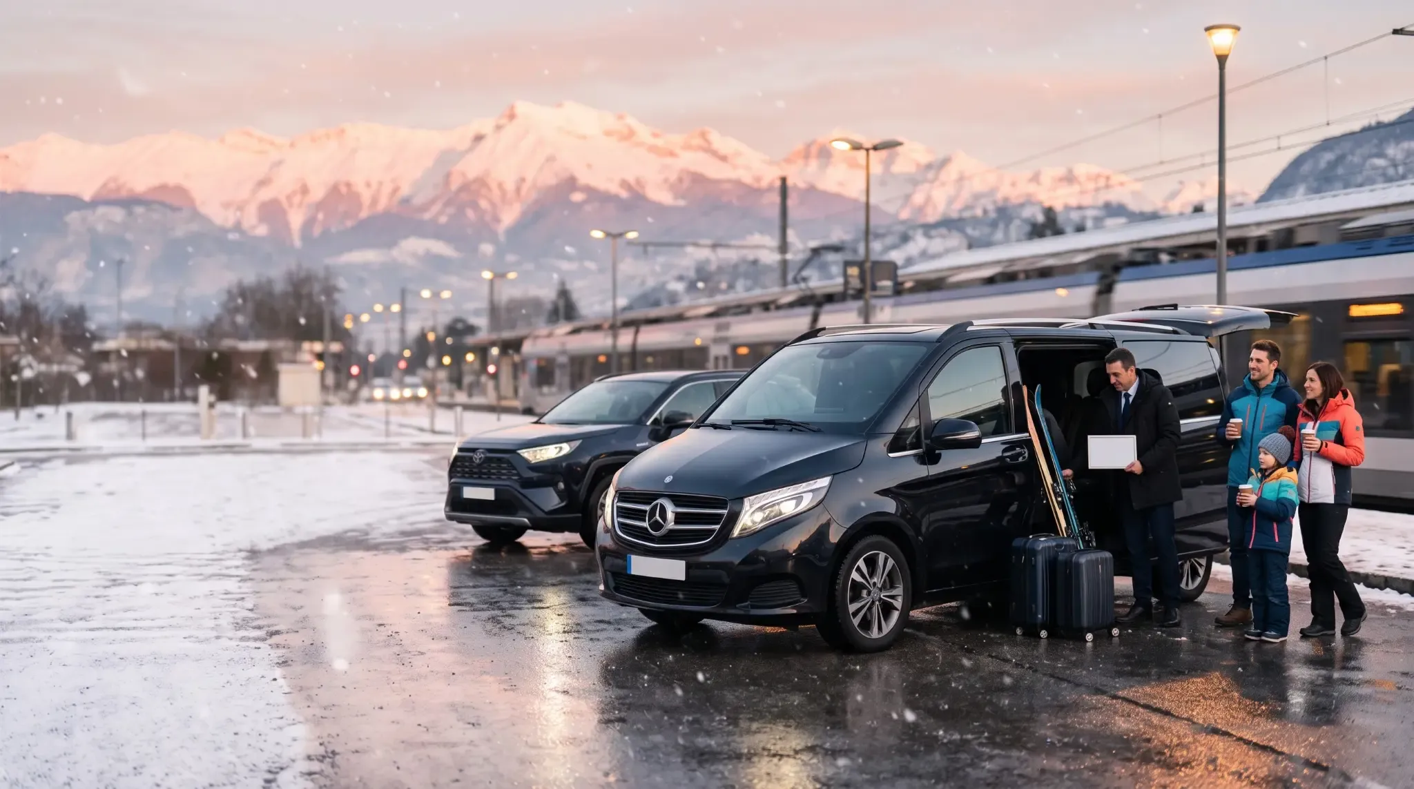 Van VTC groupe Mercedes noir neige Grenoble